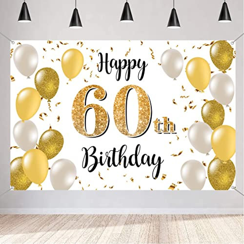 60. Geburtstag Deko für Männer/Damen, 60 Geburtstag Stoff Schild Plakat, 60. Jubiläumsparty Hintergrund Banner, Geburtstagsdeko Weiß und Gold, 1,5m
