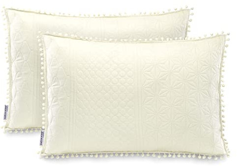 AmeliaHome 2 Kissenbezüge mit Pompons zweiseitig ultrasonic Steppung 50x70 cm Meadore Creme