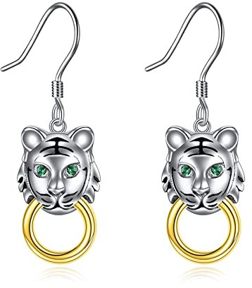 Tiger-Ohrringe aus 925er Sterlingsilber, baumelnde Ohrringe für Frauen, wilde Tiere, rund, Tiger-Ohrringe, Schmuck