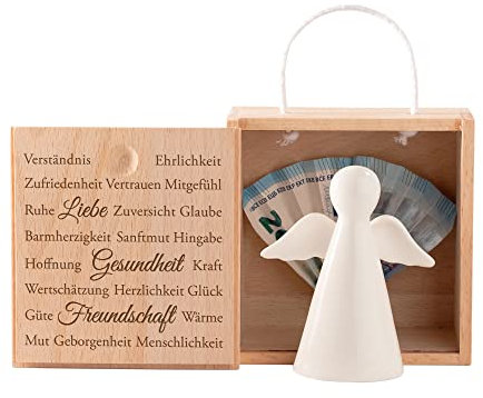 Schutzengel in Holzbox mit Gravur, Porzellan Engel Figur, Deko Engel, Verpackung für Geldgeschenke, Weihnachtsdeko, Geschenk zur Taufe, Glücksengel Dekoration, Kleiner Glücksbringer, Dekofigur