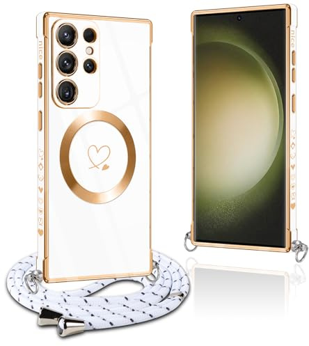 Pnakqil Coque Magnétique pour Samsung Galaxy S23 Ultra Con Cordon, Compatible avec MagSafe, Silicone Housse avec Motif Coeur d'amour Réglable Collier Lanyard, pour Samsung S23 Ultra, Blanc
