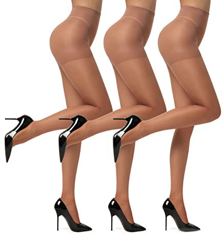EVERSWE 3 Pairs 20D Women's Sheer Tights with Reinforced Toes (Brown, L)