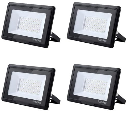 treoir 50w Flutlichtstrahler: 6000K Kaltweiß Superhell 5000LM IP66 Wasserdichter led strahler für Hinterhof/Stadion/Werkstatt Außenbeleuchtung (4pcs, 50W)