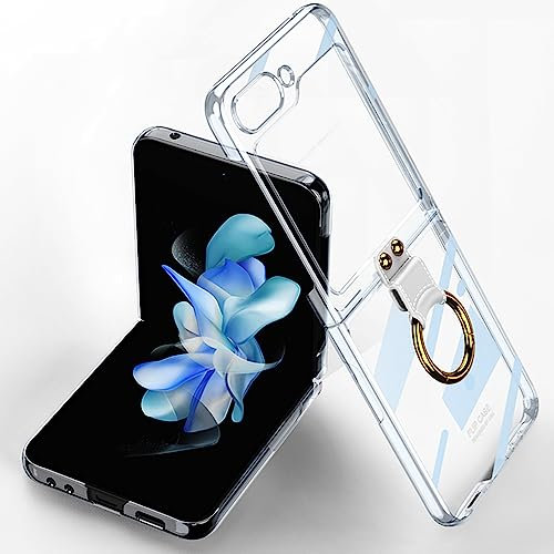 Miimall Compatible with Samsung Galaxy Z Flip 5 Case, [Ring Holder] [Plating Frame + Transparent Back] Hard PC Shockproof Full Coverage Bumper Case Cover for Samsung Galaxy Z Flip 5 2023-Clear