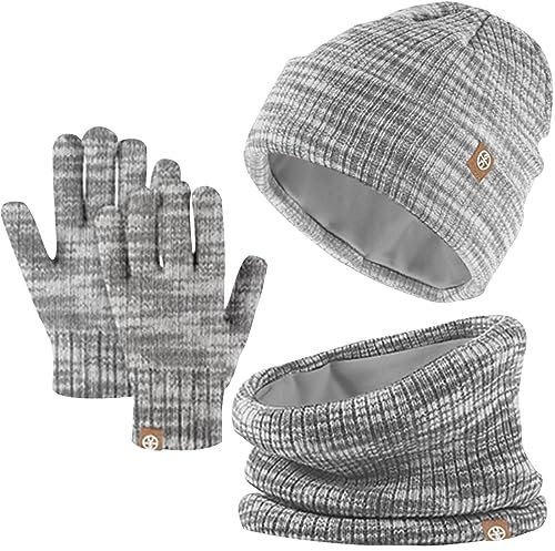 Winter Beanie Hut, Schal, Handschuhe Set,Kinder Wintermütze Schal Handschuhe Set, Mütze Warme Beanie Hut Jungen Touchscreen Handschuhe Runder Schal Set für 5-12 Jahre (Grau-Mischung)