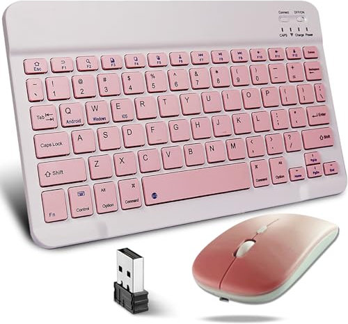 KeautFair Portable Wireless Bluetooth Keyboard and Mouse Mice Set, Dual 2.4G Rechargeable QWERTY Layout 10“ Cordless Quiet 1200DPI Travel for Windows/iOS/Android PC/Laptop/iPad/Smartphone(Pink)