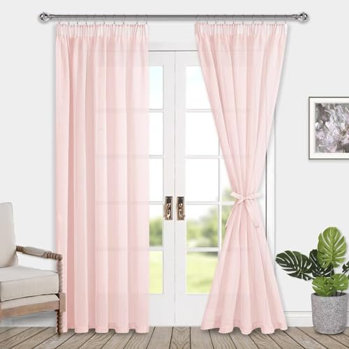 DWCN Voile Vorhänge mit Kräuselband Leinenoptik 2 Stücke Halbtransparent Vorhänge für Wohnzimmer,Durchsichtige Gardinen,Blush Rosa,225x140cm (Höhe x Breite)