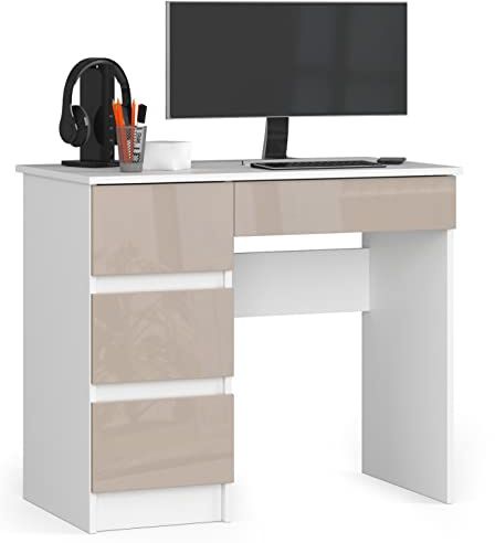 BDW Büroschreibtisch mit 4 Schubladen - Gamingtisch – Gaming Desk - Computertisch - Gaming Tisch – Gaming Schreibtisch - Kleiner Schreibtisch 90x77x50cm - Weiss/Capuccino Glänzend
