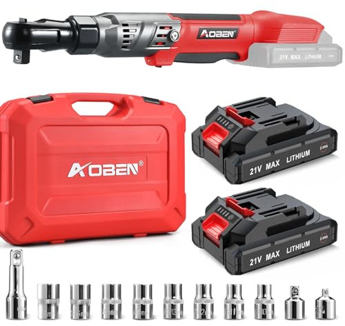 AOBEN 21V 1/2 Cordless Ratchet Wrench Kit-74 Ft-lbs Brushless Electric Power Ratchet with Variable Speed, 2X2000mAh Lithium-Ion Battery, Charger, 8 Sockets, 1/4 & 3/8 Adaptors, 3 Extension Bar
