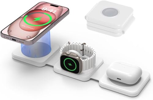 GEEKERA Charger for MagSafe, 3 in 1 Wireless Charging Station for iPhone 15/14/13/12, Phone and Watch Charger Stand for Apple Watch Ultra/9/8/7/6/5/4/3/2/SE, Charger Pad for AirPods Pro/3/2-White