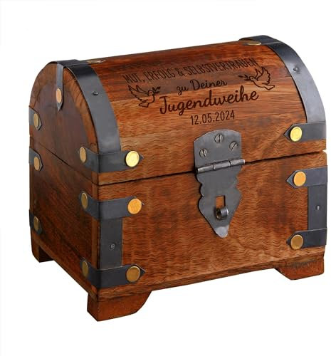 Schatztruhe mit Gravur zur Jugendweihe, Dunkel, Personalisiertes Geldgeschenk, Holz Schmuckkästchen, Schatzkiste, Dekorative Holztruhe, Geschenkbox Schachtel, Holzkiste, Verpackung für Geldgeschenke