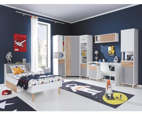 Lomadox Jugendzimmer Set 7-teilig mit 1 Jugendbett 90x200cm, 3 Regalschränke, 1 Eckkleiderschrank, 1 Wandregal, 1 Schreibtisch in weiß mit Eiche und grau
