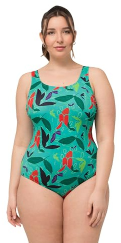 Ulla Popken Damen große Größen Übergrößen Plus Size Badeanzug, Blätter, ohne Softcups, Rundhals 827763
