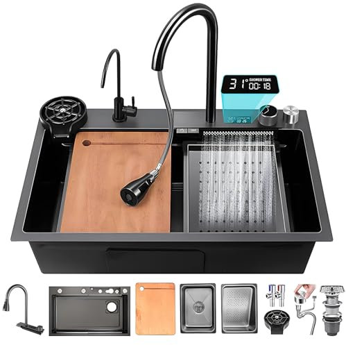 KOOGIMDDR Fregadero de cocina multifuncional de acero inoxidable, 80 x 45 cm, lavabo individual con nanorecubrimiento de cascada y grifo extraíble 3 en 1, lavabo profundo con tabla de cortar,