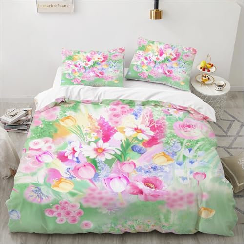 Luowei Bettwäsche 135x200 4teilig Blumen Motiv Bunt Grün Floral Bettwäsche 3D Aesthetic Blumen Bettwäsche Weich Kuschelig Mikrofaser Bettwäsche mit Reißverschluss und 2 Kissenbezüge 80x80 cm