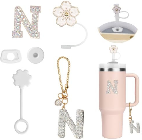 6PCS Personalisierte Tumbler Zubehör für Stanley Cup,Stroh Cover,Initialen Dekorationen für Tumbler,Buchstaben Aufkleber,Buchstaben Charm und Leck Stopper für Stanley Cup (N)