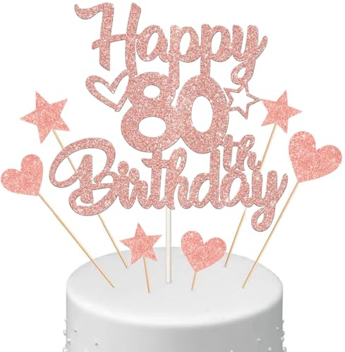 Anlgdi Tortendeko Happy Birthday Deko Kuchendeko 80. Geburtstag Frau, Kuchen Topper Happy 80th Birthday Roségold, Cake Topper 80 Jahre Torte Kuchen Deko für Geburstagstorte Deko 80. Frauen