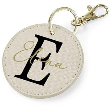 Mr. Gadgets Portachiavi Eco Pelle Personalizzabile con Nome - e Lettera Maiuscola (Tondo, Beige)