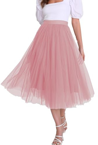 Gonne in tulle da donna Midi Elastico a vita alta plissettato Mesh Flowy A-Line Party Long Tutu Gonne, Rosa chiaro, M