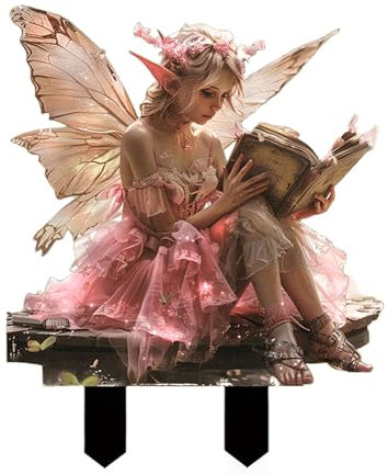 HWOLPEMS Feengartenpfähle, Dekoration, Elfen-Lesebuch-Statue, Ornamente, Acryl, 2D-Elfenfeenpfahl, Outdoor-Gartenengel, Statue, Topfpflanzen, Garten, Hof, Rasen-Dekor (D)