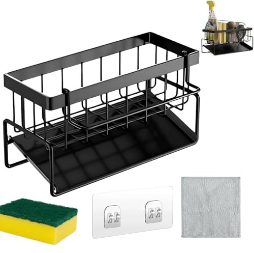 4 in 1 Kitchen Sink Caddy with Sponge, Dish Washing Cloth & Adhesive Hooks, Sink Tidy Sponge Holder with Self-Draining Tray & Removable Cloth Holder, Kitchen Sink Organiser For Sponge, Soap & Brush