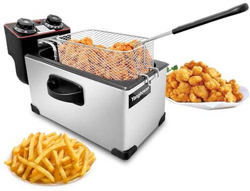 Freidora eléctrica con cesta, Yangbowan 3L 1300W pequeñas freidoras para uso doméstico con control de temperatura, control de temporizador, tapa de ventana de vista, olla de acero inoxidable para uso