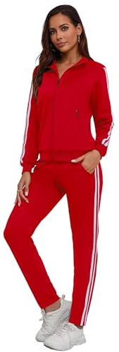 MSKBJT Jogginganzug Damen 2 Teiliges Lounge Set Trainingsanzug Frauen Streifen Sportanzug Fitnessanzug mit Taschen Red2-L