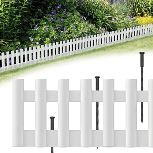 SUBTLETY 516cm Holzoptik Beeteinfassung 12 Stück 43x12cm PP Kunststoff Beetumrandung Plastik Rasenkante Biegbarer Gartenpalisade Beetzaun Flexible Mähkante Wetterfest Palisaden für Garten (Weiß)