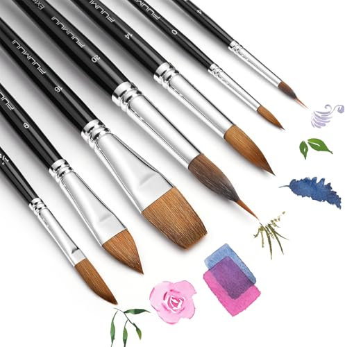 Sable Watercolour Brushes Set-7pcs Professional Sable Hair Watercolour Brushes for Artists with Extended Needle Point Flat Round Cat Tongue Dagger Shape