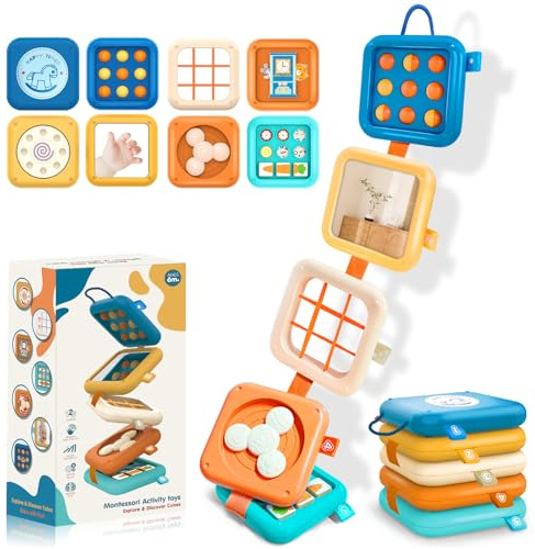 Portable Travel Toys for Baby 6-18M: 5 Foldable Cubes 7 Activity Panels