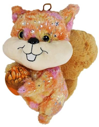 BEMIRO Eichhörnchen Kuscheltier bunt – 25 cm – Mit Stoff-Nuss & Glitzeraugen – Sterne-Motive – Aus recyceltem Material (Orange)