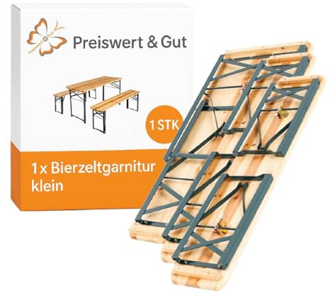 Preiswert&Gut Biertischgarnitur (1 x Tisch 2 x Bank) 110 x 50 x 70 cm klein aus Tannenholz mit Stahlgestell lackiert 2,5 cm dick abgerundet Biertisch und Bierbankgarnitur