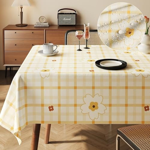 Uniclife gelbe rechteckige Kunststoff-Tischdecke 140×200 cm wasserdicht | ölbeständig, fleckenresistent, knitterarm, für Picknick, Party & Hochzeit, leicht zu reinigen