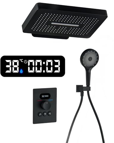 Duschsystem Mit LED Display,Duschset Duschsäuleset Mit Thermostat Inkl,Handbrause Mit 3 Strahlstärken,Regendusche Unterputz Duschset Wandmontiert Duscharmatur Komplettset Mit Duschkopf
