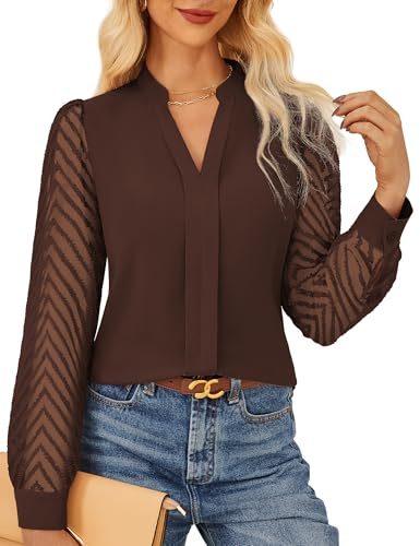 GRACE KARIN Women's Elegant Blouse Textured Semi-Sheer Sleeves Office Work Shirt Classic Henry V Neck Tops