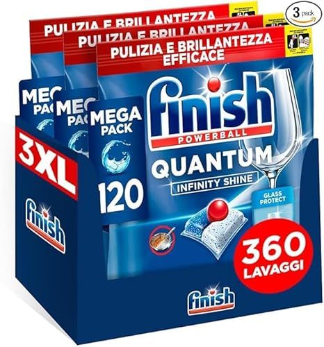 Finish Quantum Infinity Shine Pastiglie Lavastoviglie, 120 Capsule Lavastoviglie, Detergenti per Lavastoviglie per una Pulizia e Brillantezza Efficace (Confezione da 3)