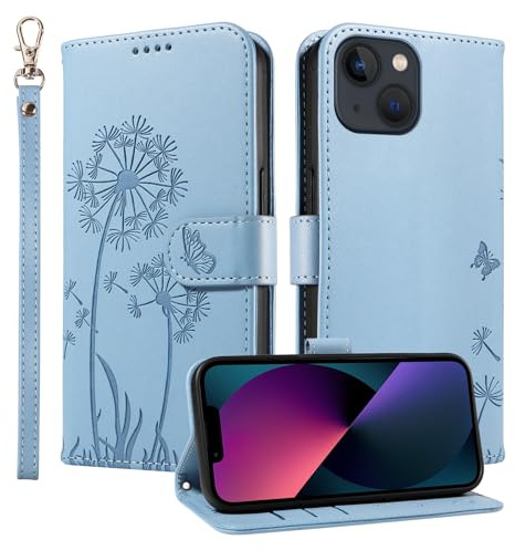 Trugox Wallet Case for Apple iPhone 13 Mini Phone Case Leather Dandelion with Credit Card Holder Purse Kickstand Folio Book Folding Flip Case Cover Women Shockproof - Azure