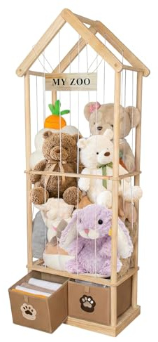 165x58x33cm Plüschtier Aufbewahrung aus Holz mit 2 Schubladen, Massivholz Kiefer Kuscheltier Organizer, Hohes Plüschtier Regal für Kinderzimmer, Spielzimmer & Nursery