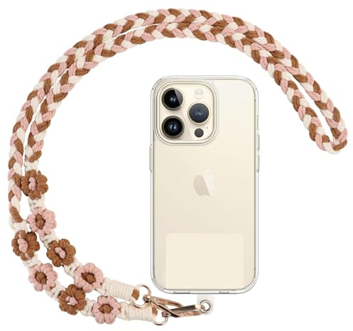 Coiwxmoi Cordon Telephone Portable Macramé Marguerite, Universelle Cordon avec Patch,Lanière de Téléphone Portable Amovible Résistante,Collier Compatibles avec des Smartphones-Brun,Rose,Beige