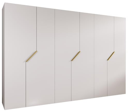 MEBLE KRYSPOL - Kleiderschrank - Garderobenschrank - 300 cm x 202 x 52 cm - Schrank mit Kleiderstange, 6 Türen - für Schlafzimmer, Flur - Andrew, Weiß, Griff Gold
