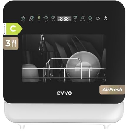 EVVO - Lavastoviglie Mini D Trip 3 – Lavastoviglie compatto da tavolo, 3 servizi, classe energetica C, 6 programmi, asciugatura extra aria fresca, pannello LED touch, casa differita, senza