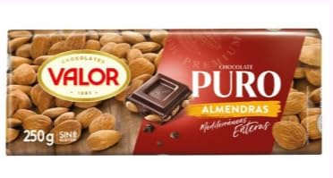 Valor Chocolat Pur aux Amandes, Tablette 250g, Chocolat Noir avec Amandes Entières, Origine Espagne