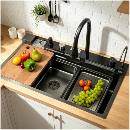 Lavello Cucina in Acciaio Inox 1 Vasca 68x45 cm con Effetto Cascata Nero Grigio,Lavello da Cucina Versatile Tipo Workstation,Lavandino Smart dal Design Moderno con Dispenser Sapone e Display Digitale