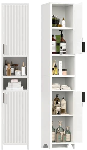 GUVIBAYB Hochschrank Bad Weiß, Schmaler Badezimmerschrank 30x30x170cm | Platzsparender Nischenschrank im Rillen Design mit 2 Türen & offenen Fächern. Ideal für Bad & Gäste-WC