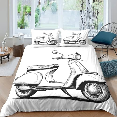 GPLZQXKJNH 3D-bedruckter Retro-Scooter-Bettbezug, Mikrofaser, weich, atmungsaktiv, klassisches Vespa-Bettwäsche-Set mit 2 Kissenbezügen, für Schlafzimmer, Dekoration, Einzelbett (135 x 200 cm)