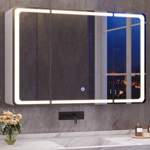 Spiegelschrank Bad 90 x 60 x 16 mit LED-Beleuchtung, Steckdose & 9 Fächer | 5 verstellbare Ablagen, Badezimmerschrank mit HD Spiegel, 3 Lichtfarben Dimmbar & Touch-Sensor, Badschrank mit 3 Türen, Weiß