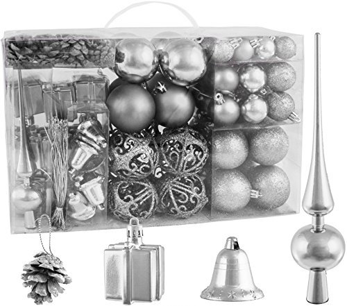 BRUBAKER Christbaumkugel Set mit Tannenzapfen, Weihnachtsglocken, Geschenken, Christbaumspitze - Christbaumschmuck - 101 Teile - Silber