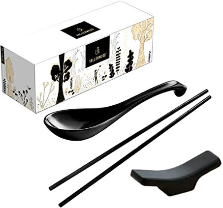 4 Black Ramen Spoons, 4 Chopsticks and 4 Stands. 12 Pieces Asian Soup Spoons. Not Overpriced. Unbreakable Melamine Made. for Japanese and Chinese Food: Ramen, Wonton, Sushi, Miso, Rice, Pho Soup.