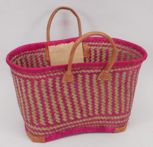 Panier Cabas en Jonc anses et coins cuir renforcés Fushia
