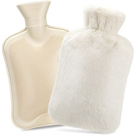 Hot Water Bottle with Cover, 2L Large Capacity, Premium Natural Rubber Hot Water Bag Cover, Furry Faux Fur Warm Water Bottle -Hot Water Bag for Pain Relief, Great Gift Idea,White,1Pcs
